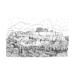 Obraz premium View of Parthenon temple on the Acropolis of Athens, Greece. Vector freehand pencil sketch.