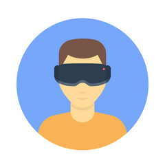VR glasses, virtual reality headset, cartoon man in virtual reality glasses flat icon, vector illustration