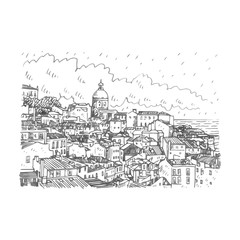 Cityscape of Lisbon, Portugal. View of Alfama, the oldest district of the city with the National Pantheon Dome. Vector freehand pencil sketch.