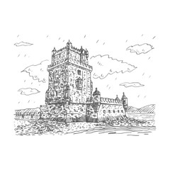 Belem Tower (or the Tower of St Vincent) on the bank of the Tagus River in Lisbon, Portugal. Vector freehand pencil sketch.