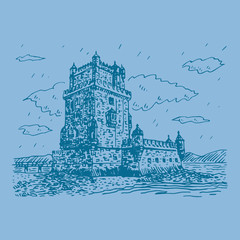 Belem Tower (or the Tower of St Vincent) on the bank of the Tagus River in Lisbon, Portugal. Vector freehand pencil sketch.