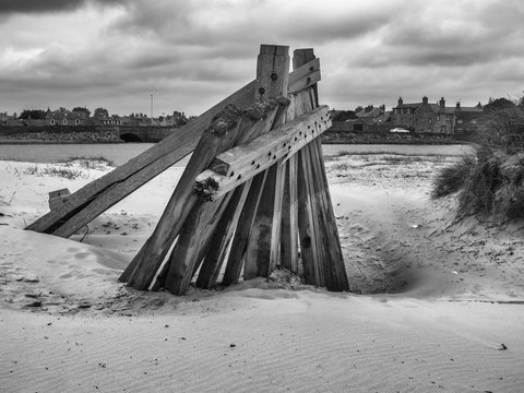 Wooden groines on the beach at Lossiemouth, Morray Firth, Scotland, UK,