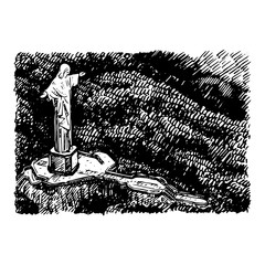 Aerial view of the Christ the Redeemer statue in Rio de Janeiro, Brazil. Vector freehand pencil sketch.