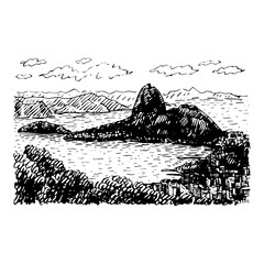 View of Sugar Loaf in Rio de Janeiro, Brazil. Vector freehand pencil sketch.