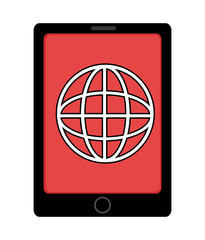 black electronic device with red screen and white world map icon over isolated background,vector illustration