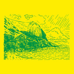 The mountain Sugar Loaf and Guanabara bay in Rio de Janeiro, Brazil. Vector freehand pencil sketch.