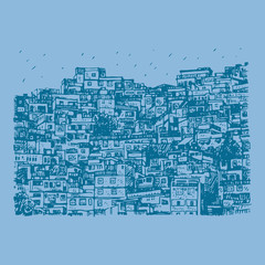Favela, Brazilian slum in Rio de Janeiro, Brazil. Vector freehand pencil sketch.