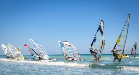 Windsurfing sails on the blue sea