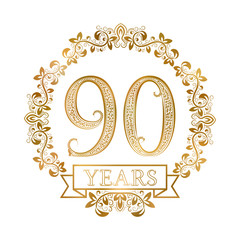 Golden emblem of ninetieth years anniversary in vintage style.