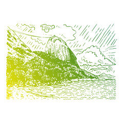 The mountain Sugar Loaf and Guanabara bay in Rio de Janeiro, Brazil. Vector freehand pencil sketch.