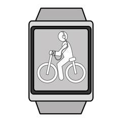 square watch with cartoon human riding a bike with headphones side view over isolated background,vector illustration