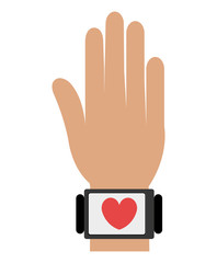 cartoon human hand weating black watch with  red heart icon on the screen over isolated background, vector illustration 