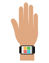 cartoon human hand weating black watch with colorful squares and media  icon on the screen over isolated background, vector illustration 