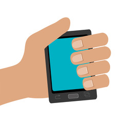 cartoon human hand holding a black smartphone with blue screen over isolated background, vector illustration 