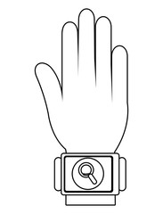 cartoon human hand wearing square watch with circle on the screen and lens  icon over isolated background, vector illustration