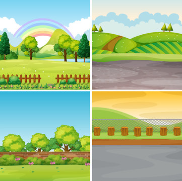Four scenes with field and mountains