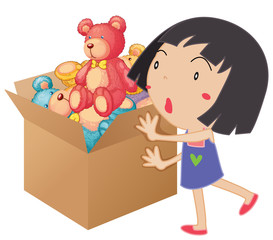 Girl pushing box full of teddy bears