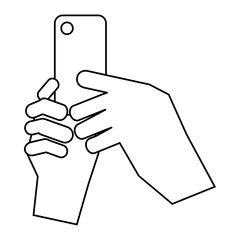 Hands holding cell phone icon, outline style