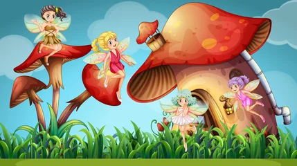  Fairies flying in the mushroom garden © GraphicsRF