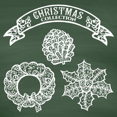 Christmas collection. Icons with mandala ornament on Chalkboard background. 