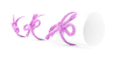 White message scroll tied with cord, three pink knots isolated