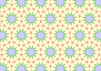 Imitation of Arab tiles with geometric shapes of different colors pale blue pink and green