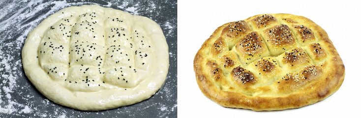 Traditional Turkish ramadan pita bread ( unbaked and baked ). 