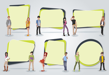 Vector banners / backgrounds with cartoon young people. Design text box frames. 
