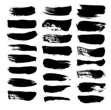 Set texture strokes thick black gouache paint isolated on a whit