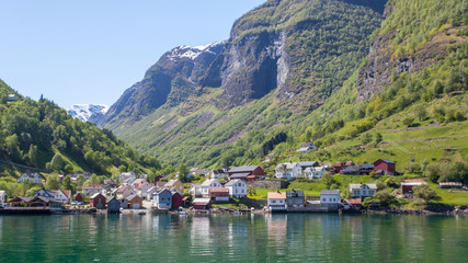 Houses on the shore of the fjord, Sognefjord, Norway