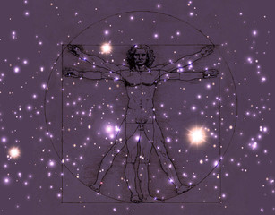 Leonardo Da Vinci Vetruvian Man, human anatomy. Cosmic background