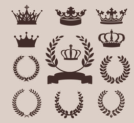 Crown and wreaths icons. Vector illustration