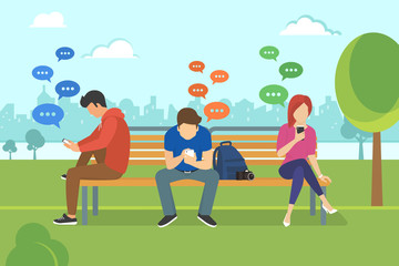 Fototapeta premium Young people sitting in the park and texting messages in chat using smartphone. Flat modern illustration of chat via mobile phone, sending message and texting to friends via messenger app