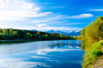 Beautiful landscape, Lake and snow mountain in background.