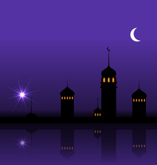 Ramadan Kareem Night Background with Silhouette Mosque and Minarets