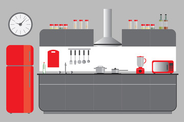 Kitchen Elevation with Kitchen Cabinets Fridge Hood Microvawe. Flat Vector Interior Design in Red Grey and White Color. Kitchen equipment