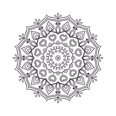 Hand drawn flower mandala for coloring book. Black and white ethnic henna pattern. Indian, asian, arabic, islamic, ottoman, moroccan motif. Vector illustration.