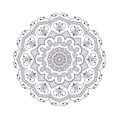 Hand drawn flower mandala for coloring book. Black and white ethnic henna pattern. Indian, asian, arabic, islamic, ottoman, moroccan motif. Vector illustration.
