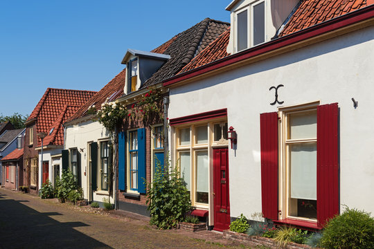 Single-storey houses on the street of the old city of Duisburg, The Netherlands
