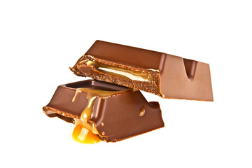 Chocolate bar with caramel isolated on white background