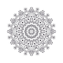 Hand drawn flower mandala for coloring book. Black and white ethnic henna pattern. Indian, asian, arabic, islamic, ottoman, moroccan motif. Vector illustration.