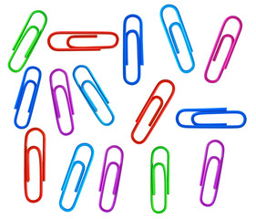 Set of different colored paperclips on a white background
