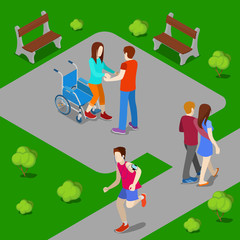 Disabled Woman on Wheelchair. Assistant Helping Woman Stand Up from Wheelchair. Isometric People. Vector illustration