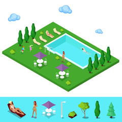 Isometric Swimming Pool. Summer People near the Outside Pool. Vector illustration