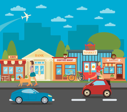 Small Town. Urban Cityscape With Shops, Active People And Cars. Vector Illustration