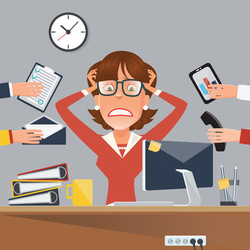 Multitasking Stressed Business Woman in Office Work Place. Vector illustration