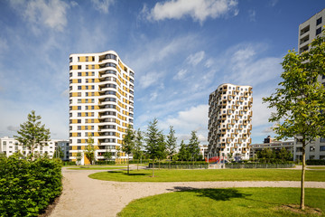 Apartment towers in the city - modern residential buildings with low energy house standard