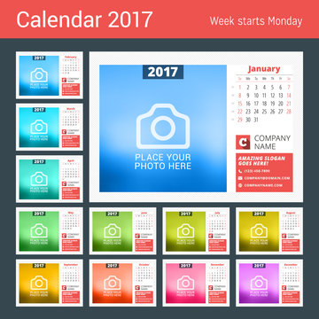 Desk calendar template for 2017 year. 12 months. Vector print template with place for photo. Week starts Sunday. Calendar pages. Stationery design