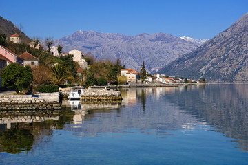 Waterfront of the small town of Prcanj along the Bay of Kotor, Montenegro