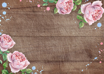 Watercolor floral frame with pink roses on wooden background